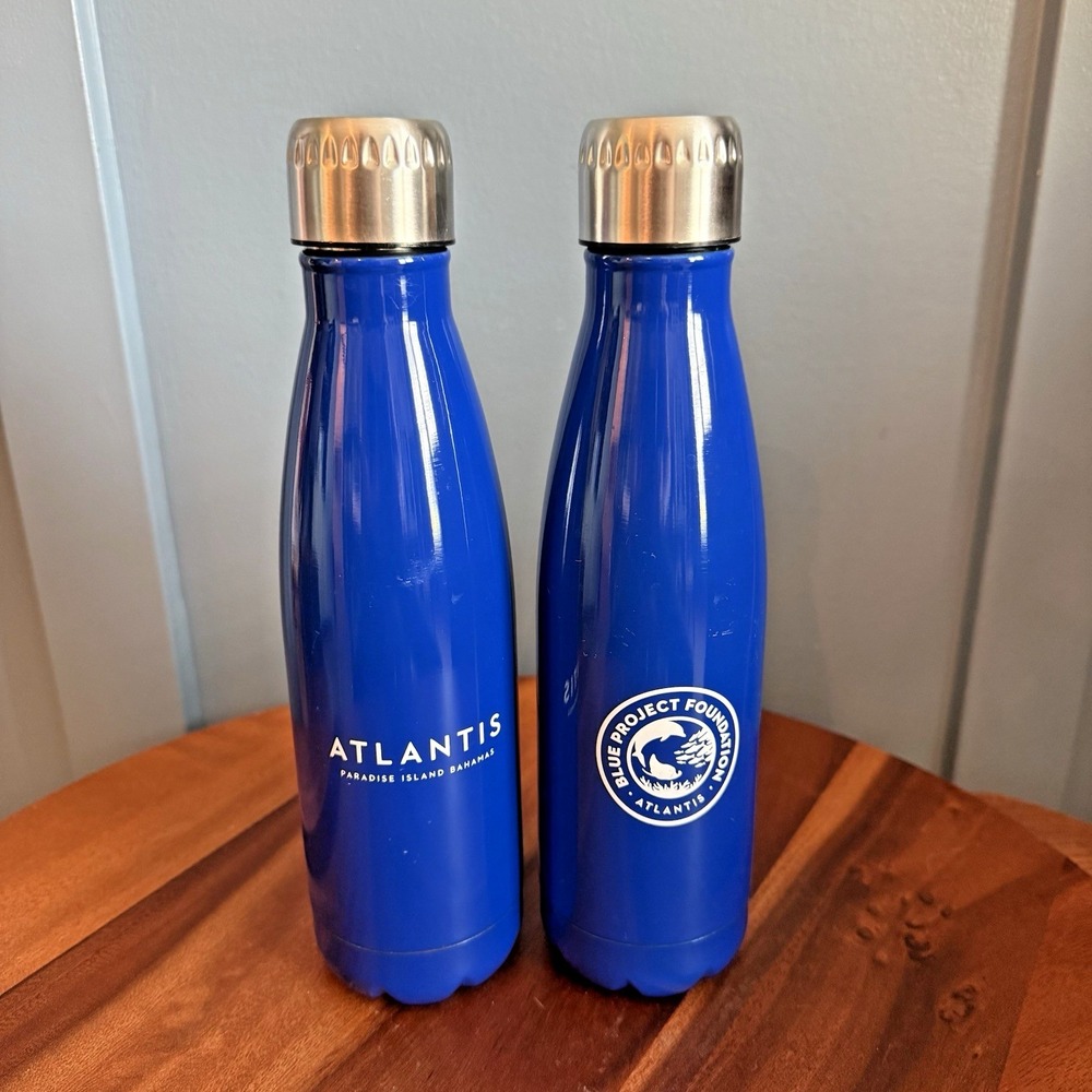 Atlantis Paradise Island Nassau Bahamas Blue Reusable Metal Water Bottles Pair